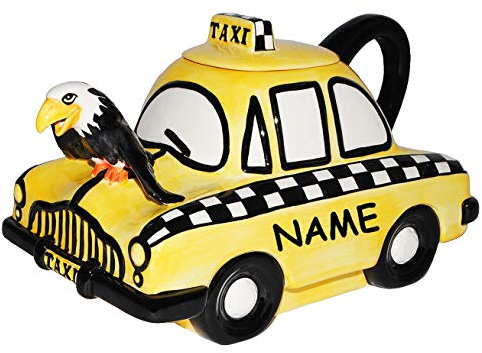 alles-meine.de GmbH 3-D Design - Teekanne/Kaffeekanne - gelbes Taxi Auto - incl. Namen - mit Deckel & Henkel - für 2 Liter - stabil aus Porzellan/Keramik - Kaffee Tee Mil..
