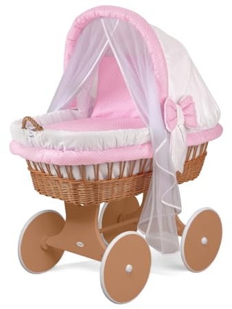 waldin Stubenwagen Baby Komplett aus Weide Zertifiziert EN 1130 | Babywiege mit Weidenkorb Handgemacht Himmel Matratze Bettwäsche Holzgestell Leise Räder Baumwollstoff