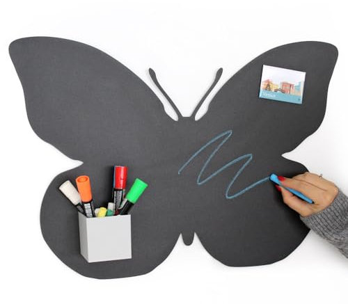 KalaMitica - Magnettafel, Kreidetafel, magnetische Wandtafel aus Stahl - Beschreibbare Pinnwand für Magnete, Notizen und Dekoration - Schmetterling, 56x38 cm, Schwarz Anthrazit