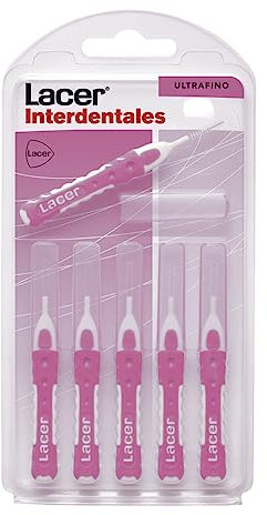 LACER - Cepillo Interdental Recto Ultrafino 6 Unidades, Mango Bimaterial y Antideslizante, Cuello Flexible, Filamentos Tynex, Previene y Elimina la Placa Bacteriana