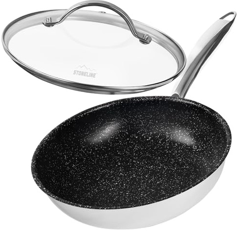 STONELINE PROFESSIONAL Edelstahlpfanne 20 cm, Pfanne mit Deckel, Edelstahl Bratpfanne Antihaftbeschichtet mit echten Steinpartikeln, für alle Herdarten, Ofen und Induktion