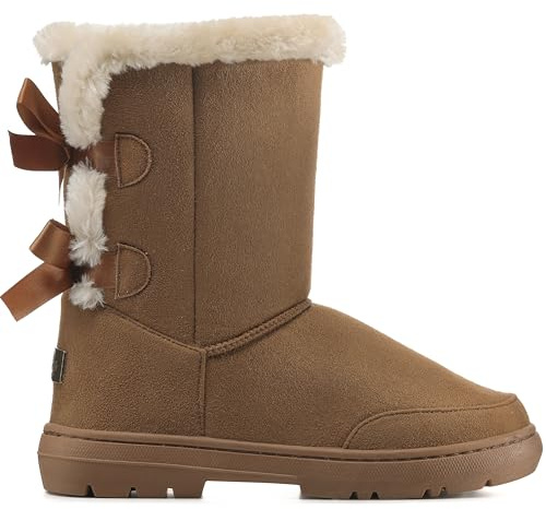 Holly Women’s Classic Waterproof Faux Fur Lined Winter Ankle Boots - Pom-Pom & Bow Detail - Warm, Non Slip Rubber Sole Snow & Casual Cold Weather Footwear - Tan - UK5/EU38