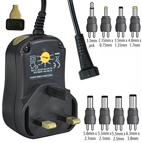1.0 amp (High Output Power) 3v 4.5v 5v 6v 7.5v 9v 12v DC Universal REGULATED POWER SUPPLY 1000mA - Light Weight Switching Power Supply / Charger Adaptor - 100v to 240v use Worldwide, inc: UK 230v Europe 220v, Australia, USA 110v, Canada, etc, - or as a travel adapter etc - 12VA - AC to DC 50/60Hz - inc 8 DC Jack plug connectors (3.5mm Male Jack Plug + DC Jack plugs: 2.35 x 0.75mm, 3.5 x 1.35mm, 4 x 1.7mm, 5 x 2.1mm, 5.5 x 2.1mm, 5.5 x 2.5mm, 6.3 x 3mm) - DTL by SXEY Electronics Ltd