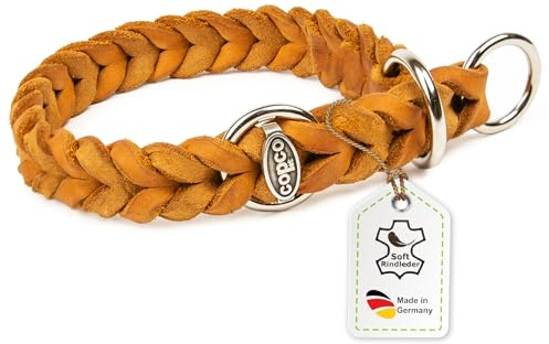CopcoPet Hundehalsband Würger 35–40 cm x 15mm Cognac – Geflochtenes Halsband mit Zugstopp & verchromtem Ring – Aus robustem Fettleder – Für kleine Hunde – Weiches Lederhalsband fürs Training