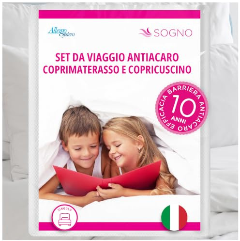 Allergosystem Set da Viaggio Coprimaterasso Antiacaro Singolo 90x200cm e Copriscuscino Letto con Cerniera 50x80cm Made in Italy - Biancheria da Letto per Trasferte e Vacanze - Linea Sogno