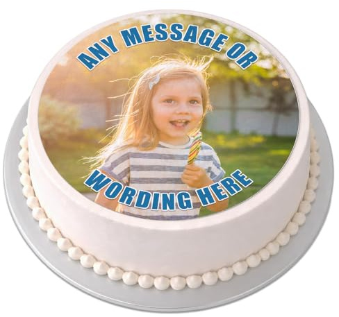 Personalised Photo Cake Topper - Your Own Image - Round Circle Edible Premium Icing Sheet, Upload Your Image & Message, Custom Birthday Cake Decoration, Any Size 4-7.5 Inch - Blue Text