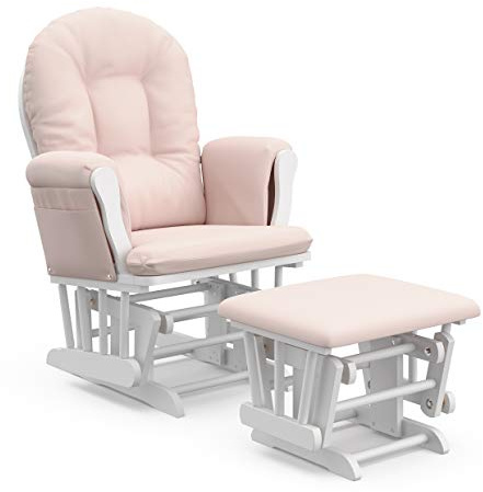 Storkcraft Premium Hoop Glider & Ottoman (White/Pink) — GREENGUARD Gold Certified Nursery Glider, Solid Wood Craftsmanship, Smooth-Gliding Nursery Chair and Ottoman, Award-Winning