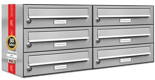AL Briefkastensysteme 6er Briefkastenanlage Edelstahl, Premium Briefkasten DIN A4, 6 Fach Postkasten modern Aufputz