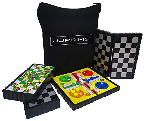 JJPRIME - Magnetic Travel Board Games Set of 4 Chess, Draughts, Ludo, Snakes and Ladders Game for Kids Travel Games For Kids On Plane | Magnetic Games For Kids Travel Chess Set Magnetic with Pouch