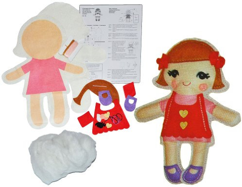 alles-meine.de GmbH Bastelset: Plüschtier - Filz Puppe mit rotem Kleid/Schmusepuppe zum Nähen per Hand Komplett Set filzen - Filzset zum Basteln Handarbeiten mit Zubehör Puppen