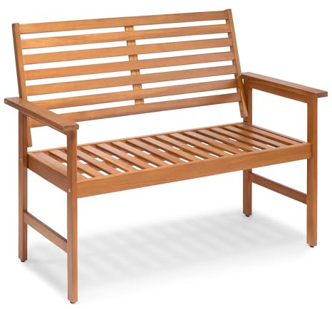 VonHaus Garden Bench 2 Seater, Acacia Hardwood Outdoor Bench, Cannes | Weather Resistant with Teak Oil Coating, Wooden Garden Seating for 2 People for Patio & Terrace, Armrests & Slatted Design