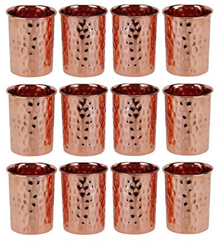 Zap Impex Lot de 12 bocaux en cuivre martelé et verre pur cuivre ayurvédique