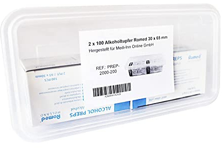 Romed 2 lagige Alkoholtupfer 30 x 65 mm 2 x 100 Stück mit Medi-Inn Aufbewahrungsbox