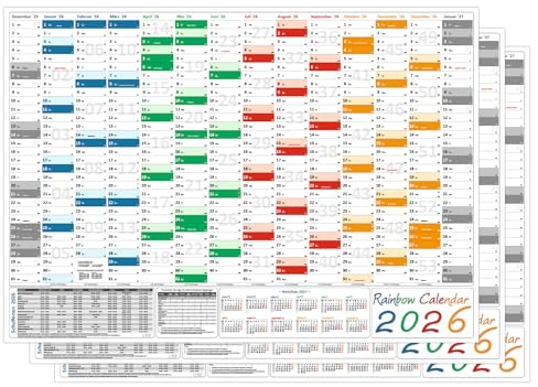 3 Stück Rainbow Wandkalender/Wandplaner 2026 (gerollt) DIN A1 Format (594 x 841 mm) 14 Monate, komplette Jahresvorschau Folgejahr und Ferientermine Feiertage aller Bundesländer