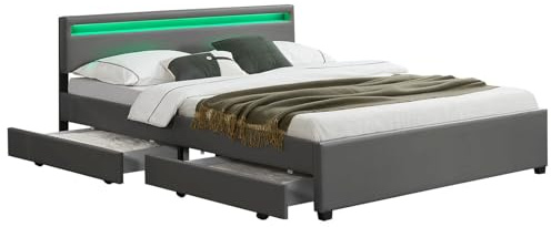 Juskys Polsterbett Lyon 180x200 cm mit Bettkasten, LED Beleuchtung, Lattenrost & Kunstleder, grau, Bett Bettgestell Doppelbett Ehebett