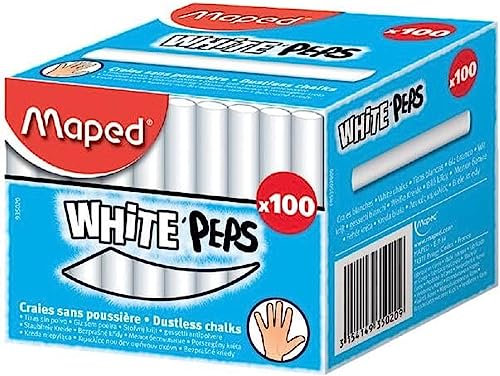 Maped - Tizas Blancas para Aceras - 100 Tizas para Pizarras - Fabricadas con Carbonato de Calcio - Fórmula Libre de Polvo - Mejor Visibilidad
