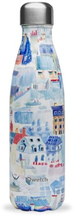 Qwetch - Bouteille Isotherme Toits de Paris 500ml - Gourde Nomade Inox - 24h Froid et 12h Chaud - Etanche, Sans BPA & Réutilisable