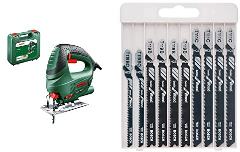 Bosch Stichsäge PST 700 E (1x Sägeblatt, Koffer, 500 Watt) + 10tlg. Stichsägeblatt Set Basic for Wood (für Holz, Zubehör Stichsäge)