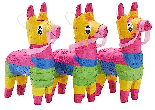 3 Pack Mini Rainbow Donkey Pinata Set for Cinco de Mayo Party Decorations, Birthdays, Mexican Fiesta Supplies, 20 x 10 cm