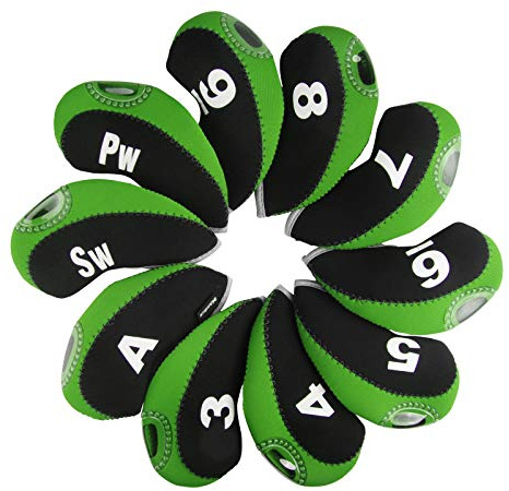 Andux, set 10 di copri testa per mazze da golf in ferro con etichetta numerata, Nero/verde lime