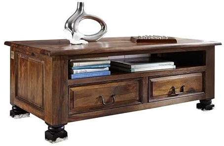 MASSIVMOEBEL24.DE|NEW Boston Couchtisch aus Sheesham massiv, braun lackiert, 2 Schubladen, Ablageboden