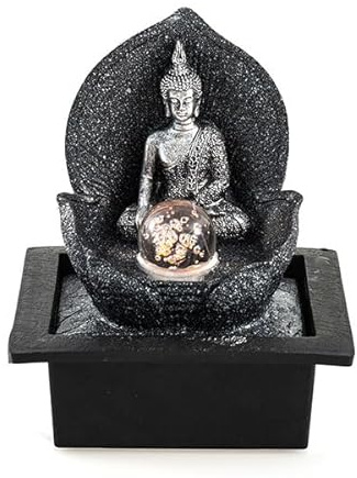 pajoma® Silver Buddha Zimmerbrunnen mit LED H 26 cm – Licht & Wasser vereint | Spirituelles Wohnaccessoire mit edlem Buddha-Design – Für Yoga & Entspannung