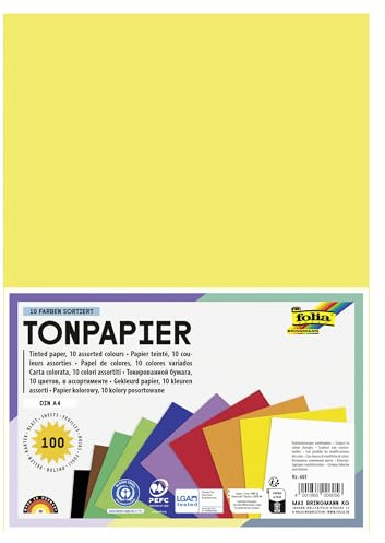 folia 605 - Tonpapier Mix, DIN A4, 130 g/m², 100 Blatt sortiert in 10 Farben, zum Basteln und kreativen Gestalten von Karten, Fensterbildern und für Scrapbooking