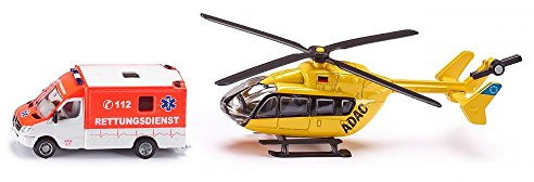 Siku 1850, Rettungsdienst-Set, 1:87, Metall/Kunststoff, Multicolor, Bereifung aus Gummi, Drehbare Rotoren, Rot/Gelb