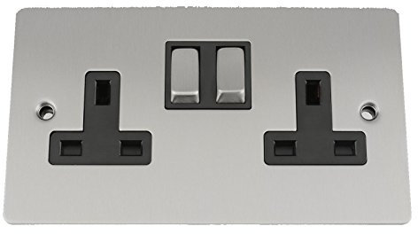 Wall Socket 2 Gang - Satin Matt Chrome Flat - Black Insert - Metal Rocker Switch - 13A Double Plug Socket