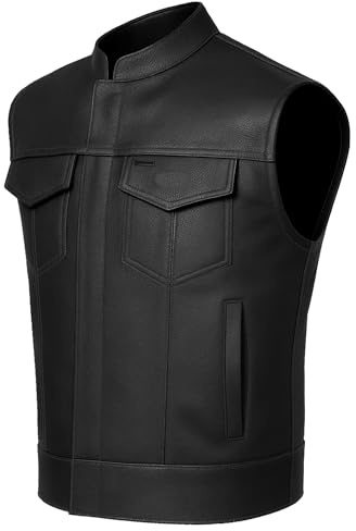 Jackets 4 Bikes Men’s SOA Motorcycle Vest – Premium Buffalo Leather Multiple Pockets Club Style Biker Vest with Metal Zippers Black 3XL