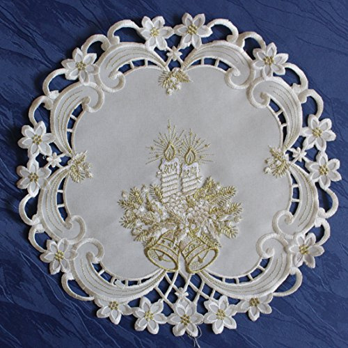 Anka Textil Weihnachts-Tischdecke Tischläufer Mitteldecke Tisch-Deckchen mit Weihnachtskerzen Motiven Stickerei Weihnachtsdeko Creme-Gold Größenwahl (40cm Rund)