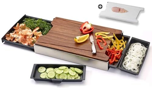 Schneidbox Nussbaum - Schneidebrett Mit 4 Auffangschalen Im Edelstahlkasten Inkl. Wechselbrett - Patentiertes Trennsystem - Made In Germany