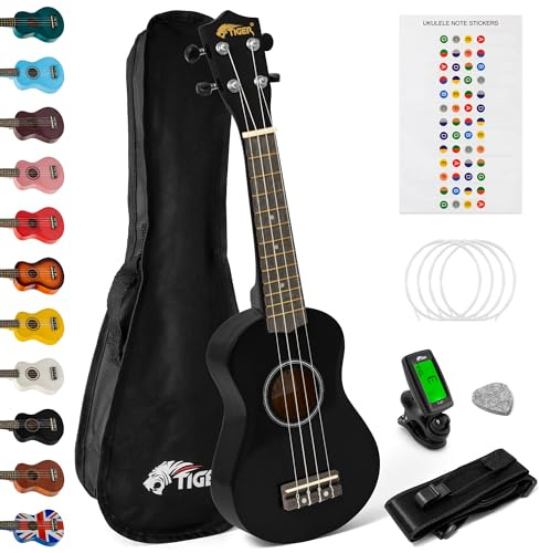 Tiger Sopran ukulele kit – nybörjarpaket (svart) inkl. tuner, sling, filtdyrkning och väska, UKEKIT