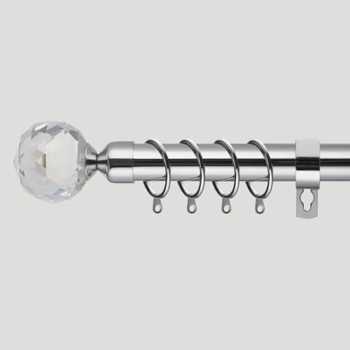 Extendable Curtain Pole | Crystal Metal Curtain Pole Set 25mm | Includes Rings, Finials, Brackets & Fittings.(40cm to 144cm, Chrome)