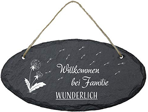 Geschenke 24 Schiefertafel - Türschild mit Pusteblume und Personalisierung (oval): Schieferplatte zum Beschriften für Deine Familie - Geburtstagsgeschenk