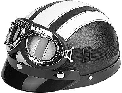 Estink Casque de Moto Ouvert Vintage Style Rétro | Demi-cuir avec visière et lunettes, coupe-vent pour 54-60 cm, casque blanc élégant pour pilotes de motos classiques et custom