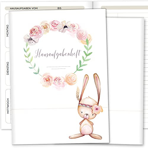 Olgs Hausaufgabenheft Hülle Cute Boho inkl. Heft Schulheft Schutzhülle Umschlag Geschenkidee Einschulung Grundschule (ohne Personalisierung, Hase)