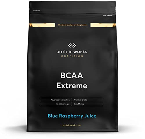 Protein Works - BCAA Extreme, 6000mg BCAAs per Serving, Intense Workout & Energy Drink Powder, Optimal BCAA 4:1:2 Ratio + Magnesium, Calcium, Vitamin C, Blue Raspberry Juice, 55 Servings, 500g