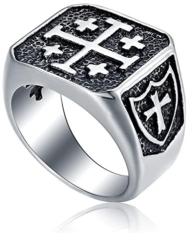 enhong Anillo de cruz de Jerusalén con sello de acero inoxidable para hombre, anillo de caballero templario, de plata vintage, para hombre, 7-15, Metal