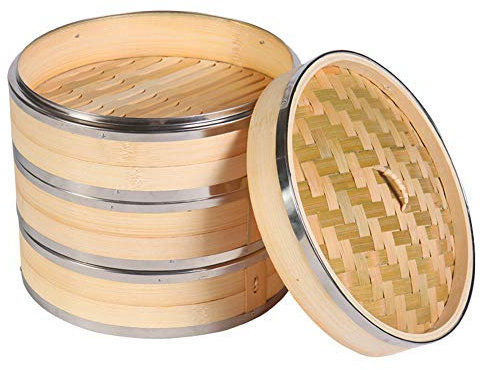 3 Tier Kitchen Bamboo Steamer 8 Inch/21cm Fish Rice Snack Steam Basket with Lid Stainless Steel Banding, for Asian Cooking