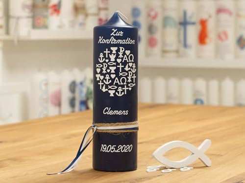 meinkerzenshop Konfirmationskerze - Clemens Junge oder Mädchen mit Name und Datum, individuell, persönlich u. handgemacht 17494