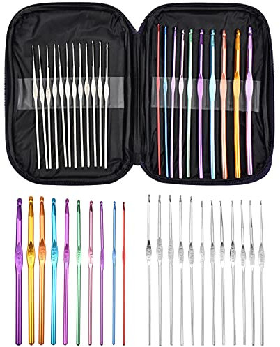 Häkeln Nadeln 22 Stück Aluminium Häkelnadel Set Metall Leicht Markierer Nadelset Aluminium Hookset Knit Craft Tool für Nähmaschinengarn Deckchen Baby-Kleidun（0.6-6.5mm）