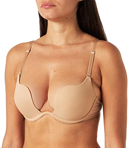 Wellyu Reggiseni per le donne Sexy Push Up Cleavage Plunge Bra Deep U Multiway Convertibile Bassa Indietro Reggiseno con Cinturino Trasparente, Albicocca, 4 C (Taglia Produttore: 36C)