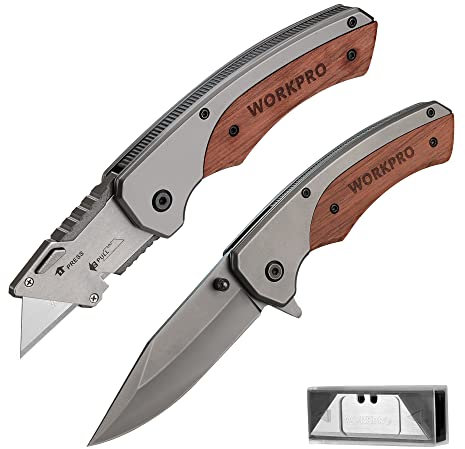 WORKPRO 2 tlg. Klappmesser Taschenmesser Set mit Holzgriff, Schnell öffnendes Einhandmesser & Klappbares Universalmesser, Inkl. 10 SK5 Ersatzklingen, Für Indoor und Outdoor