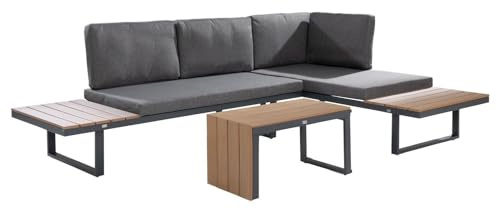 Möbel Jack Gartengarnitur Gartenlounge Sitzgruppe Gartengruppe Set mit Tisch und Kissen | 4-teilig | Aluminium | Holz | Grau | Naturfarben | B 253 cm x T 175 cm