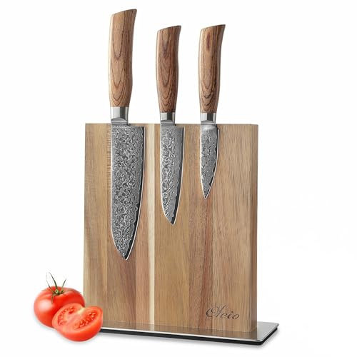 Wakoli EDIB Pro 3-teiliges Küchenmesser-Set aus Damaststahl mit Magnetblock | Enthält Santokumesser 16 cm, kleines Santoku 11 cm und Officemesser 8 cm für Fleisch, Fisch, Gemüse, Obst und feine Arbeiten.