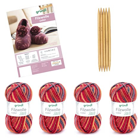 Gründl Wolle Filzwolle color - Dicke Wolle zum Filzen in der Waschmaschine für 1 Paar Hausschuhe mit Anleitung und Nadel - Weich und hautfreundlich - 100% Schurwolle - 4 Knäuel 50 g/50 m - rot-orange