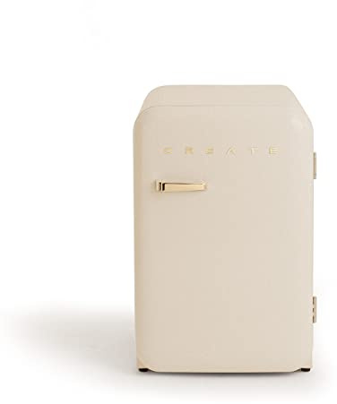 CREATE / RÉTRO FRIGO 83.5 ARGENT/Réfrigérateur blanc cassé avec poignée or / 98W, basse consommation, 2 étagères, régulateur de température, porte-bouteilles, 56x54x84cm.