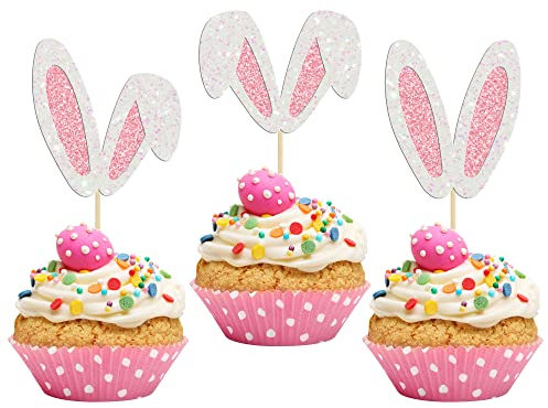 24Pcs Glitter Bunny Ears Cupcake Toppers Easter Rabbit Theme Happy Birthday Cupcake Picks for Bunny Happy Easter Baby Shower Birthday Spring Easter Party Cake Decorations