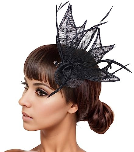 Fascinator Damen Kopfschmuck Hochzeit Hüte Hat Clip Schleier Stirnband Tea Party Mesh Kopfbedeckung Blumen Mesh Federn Clip Haarschmuck für Cocktail Halloween Oktoberfest Gothic Schwarz